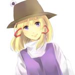  74_(teduka) bad_id bad_pixiv_id blonde_hair face hair_ribbon hat lips moriya_suwako purple_eyes ribbon short_hair simple_background sketch smile solo touhou upper_body 