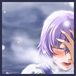  blush border closed_eyes crying fingernails hand_on_own_face haruichi letty_whiterock nail_polish open_mouth purple_hair purple_nails short_hair sky snow snowing solo tears teeth touhou 