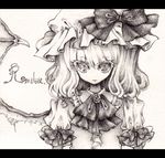  bat_wings eyelashes grey hat hat_ribbon letterboxed lowres miri_(tobira_no_mukou) no_nose remilia_scarlet ribbon short_hair short_sleeves solo touhou traditional_media wings 