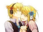  1girl blonde_hair blue_neckwear blush brother_and_sister colored_eyelashes eyelashes flower hair_flower hair_ornament headphones holding_hands kagamine_len kagamine_rin nail_polish necktie shirataki_nako short_hair siblings simple_background smile twins vocaloid 