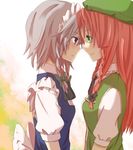 bad_id bad_pixiv_id blue_eyes blush braid couple eye_contact face-to-face forehead-to-forehead green_eyes grey_hair hat hong_meiling imminent_kiss izayoi_sakuya long_hair looking_at_another maid_headdress multiple_girls profile red_hair short_hair short_sleeves smile sou_(tuhut) touhou twin_braids yuri 