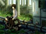  bad_id bad_pixiv_id brown_eyes brown_hair copyright_request goggles grass ground_vehicle helmet jacket moped motor_vehicle short_hair sitting solo stairs yoshidaworks 