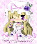  blonde_hair blush chibi dress english long_hair purple_eyes touhou violet_eyes wedding_dress yakumo_yukari 