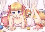  bare_shoulders barefoot blonde_hair blue_eyes camisole curtains fang feet frilled_pillow frills hair_ribbon legs_up lingerie long_hair looking_at_viewer lying mozuya-san_gyakujousuru mozuya_koto on_stomach open_mouth pillow polka_dot redrop ribbon smile solo sparkle stuffed_animal stuffed_toy twintails underwear 