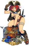  bag bone boots breasts cape cleavage fur gloves gold hat highres large_breasts oggy original pirate red_eyes red_hair simple_background skeleton skull solo sword takarajima treasure treasure_chest treasure_island tricorne weapon white_background 
