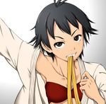  armpits black_hair bra brown_eyes collarbone dougi dressing lingerie makoto_(street_fighter) mouth_hold open_clothes open_shirt red_bra ribbon shirt short_hair solo street_fighter taira_(ingrum-m10) underwear undressing 