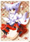  animal_ears brown_eyes detached_sleeves hat highres inubashiri_momiji iwaki_hazuki no_panties skirt skirt_lift solo tail tokin_hat touhou white_hair wolf_ears wolf_tail 