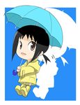  black_hair blue_background boots brown_eyes chibi chuu_(rinet) kaga_ai mole ponytail raincoat rubber_boots sayonara_zetsubou_sensei short_hair smile solo umbrella 