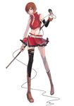  boots brown_eyes brown_hair full_body meiko microphone microphone_stand midriff rama short_hair simple_background single_thighhigh skirt smile solo standing thighhighs vocaloid 