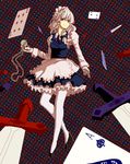  bad_id bad_pixiv_id braid card falling_card highres izayoi_sakuya knife maid maid_headdress maki_(huran) pantyhose playing_card pocket_watch red_eyes short_hair silver_hair solo touhou twin_braids watch white_legwear 