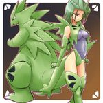  breasts covered_nipples gen_2_pokemon green_hair lowres medium_breasts moemon navel personification pokemon pokemon_(creature) tenjou_ryuka tyranitar 