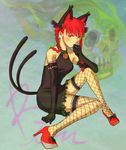  animal_ears braid cat_ears cat_tail extra_ears fishnets hair_ribbon kaenbyou_rin kugata1 multiple_tails red_eyes red_hair ribbon short_hair solo tail thighhighs touhou twin_braids twintails 