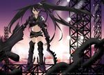  2010 bad_deviantart_id bad_id belt black_hair black_rock_shooter burning_eye chain checkered cloud gauntlets greaves huge_weapon insane_black_rock_shooter jpeg_artifacts kaho_okashii lights loose_belt midriff navel purple_eyes scar shorts sky solo stitches sword twintails uneven_twintails weapon wind 