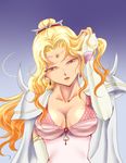  adjusting_hair blonde_hair breasts bridal_gauntlets cape cleavage earrings female final_fantasy final_fantasy_iv gradient gradient_background hair_ornament hisuigyoku jewelry long_hair lowres red_eyes rosa_farrell shoulder_pads solo tiara 