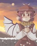  animal_ears bad_id bad_pixiv_id blush breath brown_eyes hat kourinnsama moon mystia_lorelei pink_hair scarf short_hair smile solo sunset touhou wings 