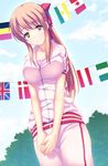  bow breasts brown_eyes day flag flags_of_all_nations hair_bow half_updo hanamaru_youchien large_breasts long_hair ponytail siva_(executor) sky smile solo string_of_flags track_suit union_jack yamamoto_nanako 