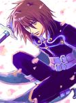  1boy brown_eyes brown_hair cherry_blossoms kneeling kratos_aurion male male_focus sakura_blossoms short_hair solo sword tales_of_(series) tales_of_symphonia weapon white_background 