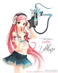  bare_shoulders breasts cleavage headphones lee_byung_hee long_hair lucia_(pangya) medium_breasts microphone midriff pangya pink_hair pop_filter skirt solo star studio_microphone very_long_hair 