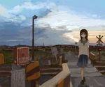  black_eyes brown_hair cloud day long_hair original railroad_crossing railroad_tracks scenery school_uniform sky solo tommy_(chou_shindou_boots) walking 