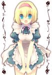  alice_margatroid bad_id bad_pixiv_id blonde_hair blue_eyes blush covering covering_crotch hairband highres maid open_mouth short_hair solo tokira_nozumi touhou v_arms 