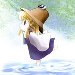  blonde_hair chibi hat highres moriya_suwako ribbon solo standing standing_on_one_leg sunlight touhou yume_shokunin 