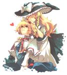  alice_margatroid blonde_hair capelet closed_eyes green_eyes hairband hand_on_head hand_on_shoulder hat heart highres kirisame_marisa multiple_girls smile touhou tsukimoto_aoi witch_hat 