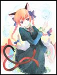  agahari animal_ears black_dress border bow braid cat_ears cat_tail dress floating_skull hair_bow hair_ribbon hands kaenbyou_rin multiple_tails red_eyes red_hair ribbon short_hair slit_pupils smile solo tail touhou traditional_media twin_braids twintails watercolor_(medium) 