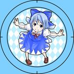  argyle argyle_background blue_eyes blue_hair circle cirno fingers ice itsuki_(nanairo_megane) no_socks outstretched_arms pigeon-toed smile solo spread_arms touhou 