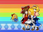  alice_margatroid apron bad_id bad_pixiv_id blonde_hair blue_eyes blush braid brown_eyes brown_hair capelet closed_eyes detached_sleeves doll hair_ribbon hairband hakurei_reimu hat hat_removed headwear_removed kirisame_marisa long_hair multiple_girls rainbow rainbow_background ribbon shanghai_doll short_hair takamura touhou wings witch_hat 