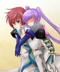  1girl asbel_lhant blue_eyes brown_hair carrying highres piggyback purple_hair san_(sypay) sophie_(tales) tales_of_(series) tales_of_graces twintails yellow_background 