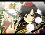  armband black_hair brown_eyes expressionless face fang feathers hands hat letterboxed looking_at_viewer mouth_hold pen porurin shameimaru_aya short_hair solo tokin_hat touhou 