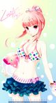  :o bow bracelet breasts cleavage front-tie_top hair_bow jewelry large_breasts lee_byung_hee lucia_(pangya) miniskirt navel pangya pink_hair polka_dot skirt solo 