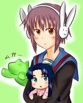  achakura asakura_ryouko blue_eyes blue_hair brown_eyes bunny_headphones cardigan chibi headphones kimidori-san kita_high_school_uniform long_hair multiple_girls nagato_yuki purple_hair school_uniform serafuku short_hair suzumiya_haruhi-chan_no_yuuutsu suzumiya_haruhi_no_yuuutsu yukirin_(nagatoyuki_ibukifuko) 