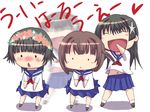  black_hair blush brown_hair chibi flower hair_flower hair_ornament haruue_erii head_wreath katuhata long_hair multiple_girls sakugawa_school_uniform saten_ruiko school_uniform serafuku short_hair skirt skirt_flip to_aru_kagaku_no_railgun to_aru_majutsu_no_index uiharu_kazari 