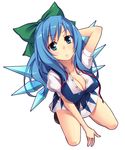  alternate_breast_size alternate_hair_length alternate_hairstyle arm_support bad_id bad_pixiv_id blue_hair bow breasts cirno cleavage from_above hair_bow hand_behind_head kneeling large_breasts long_hair looking_up older solo takahina touhou unbuttoned untied wings 