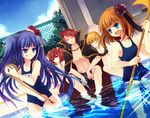  ball beatrice cape chopsticks eva_beatrice furudo_erika multiple_girls one-piece_swimsuit pool school_swimsuit suzushiro_kurumi swimsuit tape umineko_no_naku_koro_ni ushiromiya_ange ushiromiya_battler 