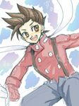  1boy brown_eyes brown_hair lloyd_irving male male_focus oekaki open_mouth short_hair smile solo sword tales_of_(series) tales_of_symphonia weapon 