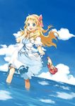  blonde_hair blue_eyes cloud day dress dutch_angle hairband happy hisana holding holding_shoes long_hair original shoes sky solo wading water wind 