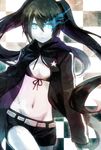  bad_id bad_pixiv_id bikini_top black_hair black_rock_shooter black_rock_shooter_(character) blue_eyes burning_eye coat glowing glowing_eyes highres long_hair midriff navel shion_(kizuro) shorts solo twintails 