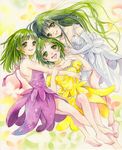  acrylic_paint_(medium) bad_id bad_pixiv_id bare_shoulders barefoot choker dress face feet graphite_(medium) green_hair legs long_hair lying multiple_girls on_back on_side original short_hair smile toyoda_izumi traditional_media watercolor_(medium) 