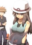  1girl blue_(pokemon) breast_rest breasts brown_eyes brown_hair charmander gen_1_pokemon gengar hat large_breasts long_hair ookido_green pokemon pokemon_(creature) pokemon_(game) pokemon_frlg porkpie_hat tank_top tokyo_(great_akuta) 