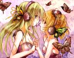  bad_id bad_pixiv_id blonde_hair breasts bug butterfly butterfly_hair_ornament cleavage face-to-face green_hair hair_ornament hair_ribbon hairband headset higurashi_no_naku_koro_ni holding_hands houjou_satoko insect long_hair magnet_(vocaloid) medium_breasts midori-neko multiple_girls parody red_eyes ribbon short_hair sonozaki_shion vocaloid 