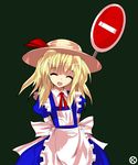  ^_^ alphes_(style) arms_behind_back blonde_hair closed_eyes hat kana_anaberal kaoru_(gensou_yuugen-an) open_mouth parody short_hair sign signature simple_background smile solo style_parody touhou touhou_(pc-98) 
