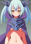  9law :&lt; blue_hair bottomless breasts cape cardfight!!_vanguard darkness_maiden_macha frown looking_at_viewer navel neon_trim out-of-frame_censoring small_breasts solo twintails underboob yellow_eyes 