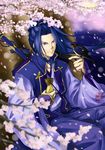  assassin_(fate/stay_night) bad_id bad_pixiv_id bird blue_eyes blue_hair cherry_blossoms fate/stay_night fate_(series) japanese_clothes kenen_tanabata long_hair male_focus monohoshizao ponytail sheath sheathed solo swallow sword weapon 
