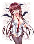  bare_shoulders bat_wings between_breasts black_legwear blush bottomless breasts cleavage clothes_between_breasts dress_shirt embarrassed fangs flying_sweatdrops head_wings koakuma large_breasts long_hair nail_polish necktie necktie_between_breasts no_bra no_pants off_shoulder open_clothes open_shirt pantyhose pointy_ears red_eyes red_hair red_neckwear sea_chicken shirt shirt_tug solo sweatdrop thighband_pantyhose touhou very_long_hair wardrobe_malfunction wavy_mouth wings 