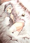  :o bed blush bottomless breasts censored convenient_censoring curtains green_eyes hood hooded_jacket inkwell jacket lying md5_mismatch nyafu_(moai_lion) on_side open_clothes open_jacket original paper pen short_hair silver_hair small_breasts solo thighhighs white_legwear window 