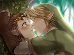  1girl against_wall blonde_hair blue_eyes blush brown_hair chin_grab couple earrings forest gloves hat hetero imminent_kiss jewelry link long_hair nature nervous pointy_ears princess_zelda sweatdrop the_legend_of_zelda the_legend_of_zelda:_twilight_princess tiara tree wasabi_(legemd) wide-eyed 