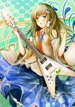  ascot bare_shoulders blue_eyes blush detached_sleeves electric_guitar flying_v frog green_hair guitar hair_ornament hair_tubes highres instrument kochiya_sanae long_hair metalwasabi open_mouth skirt smile snake solo sticker touhou 