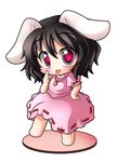  animal_ears black_hair bunny_ears carrot carrot_necklace chibi dress faux_figurine inaba_tewi jewelry necklace pendant pink_dress red_eyes shinjitsu short_hair simple_background solo tongue tongue_out touhou white_background 